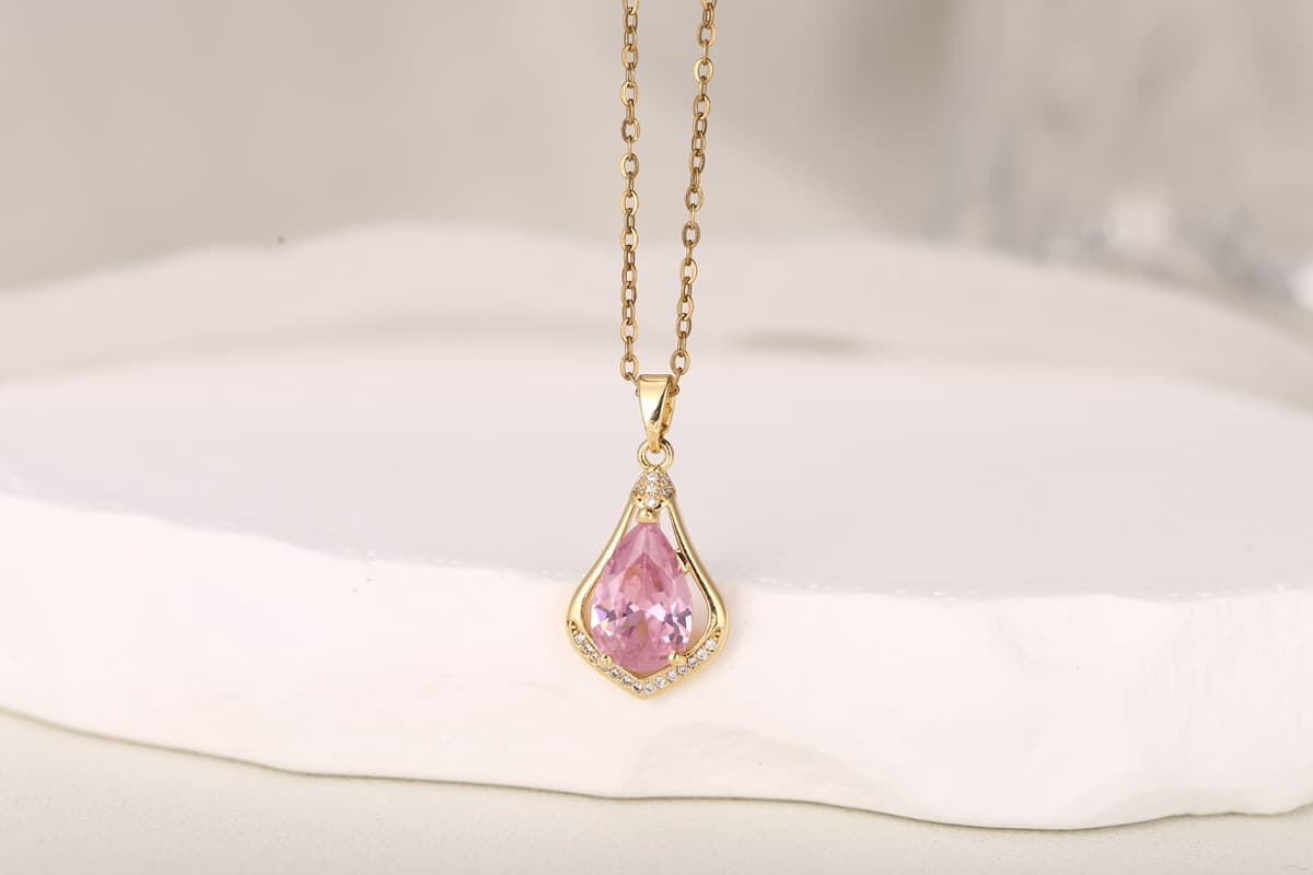 Elegant Oval-Cut Pink Zircon Pendant Necklace 18K Gold Plated thumbnail 2