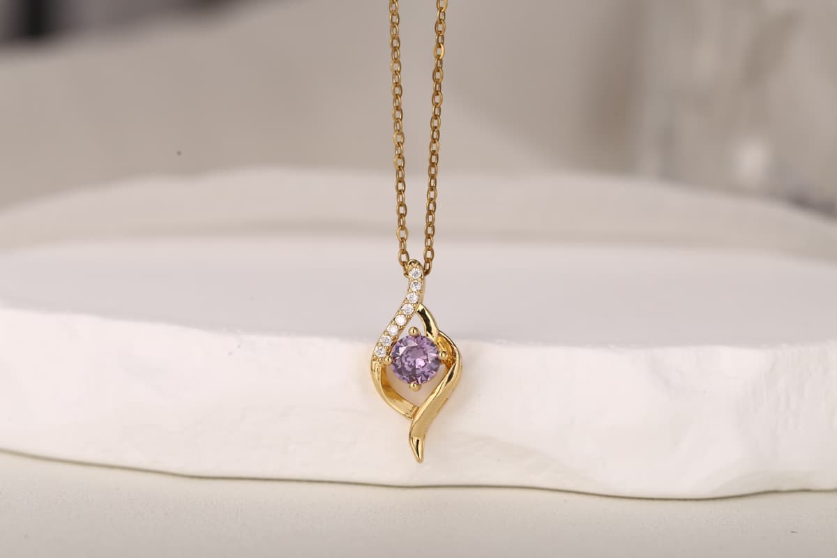 Elegant Round-Cut Pink Zircon Pendant Necklace 18K Gold Plated thumbnail 2