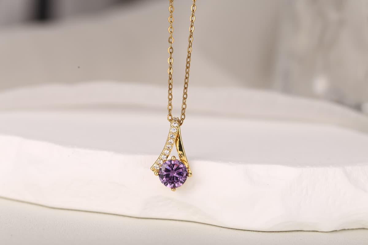 Elegant Round-Cut Pink Zircon Pendant Necklace 18K Gold Plated thumbnail 9