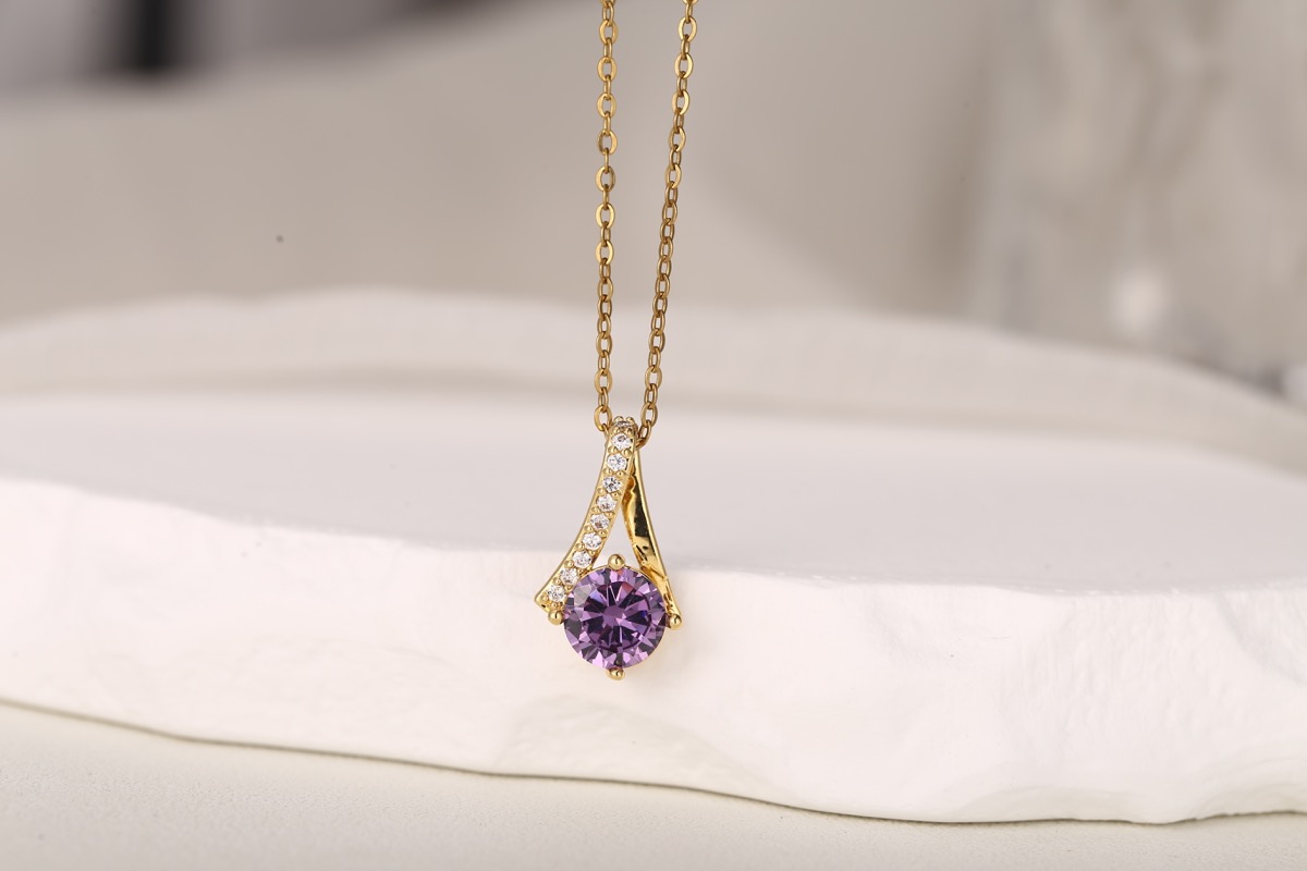 Elegant Round-Cut Pink Zircon Pendant Necklace 18K Gold Plated thumbnail 9
