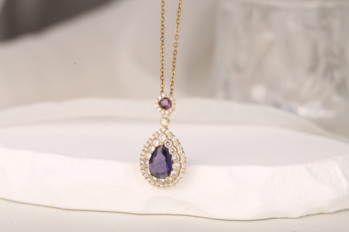 Elegant Cushion-Cut Blue Zircon Pendant Necklace 18K Gold Plated thumbnail 6